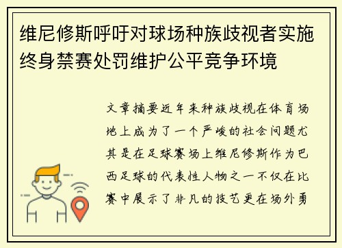 维尼修斯呼吁对球场种族歧视者实施终身禁赛处罚维护公平竞争环境