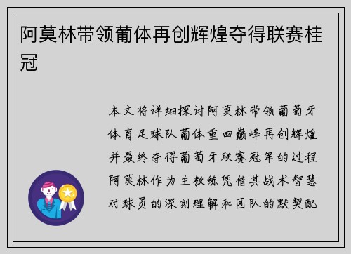阿莫林带领葡体再创辉煌夺得联赛桂冠 阿莫林带领葡体再创辉煌夺得联赛桂冠